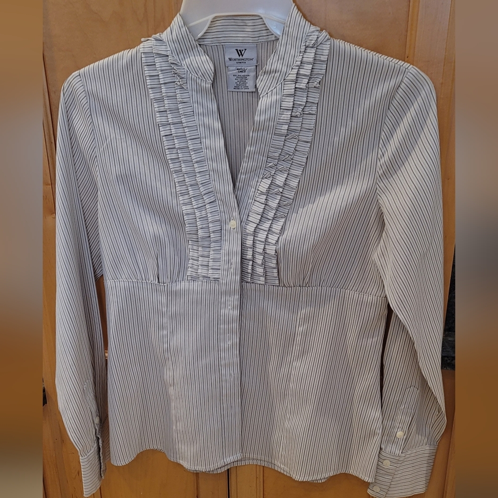 Worthington Pinstripe Ruffle Blouse - Black and White